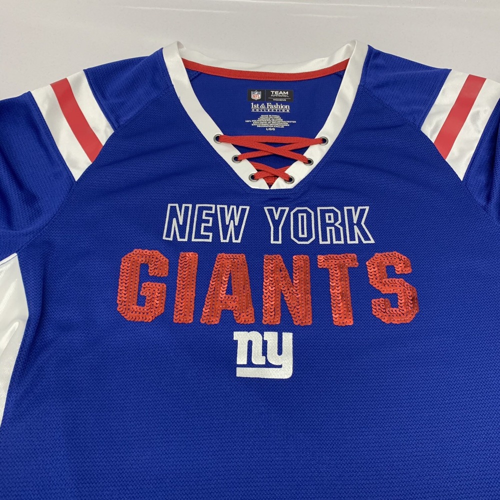 New York Giants Jersey Polo Large Woman Sequins Blue Red NFL Team Apparel V Neck - Picture 7 of 10
